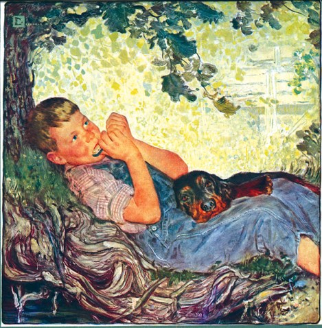 This painting of Bruce Lundgren appeared on the cover of a 1949 calendar for Avondale Mills of Alabama. Bruce, his two brothers, and his parents, Donna and Thor (“Swede”) were among Mr. Crockwell’s favorite models.
