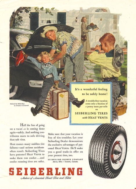 This example of Mr. Crockwell’s commercial work shows how his paintings of an idealized American life were used to sell products, like Seiberling tires. The parents are Donna Lundgren, and her late husband Thor.